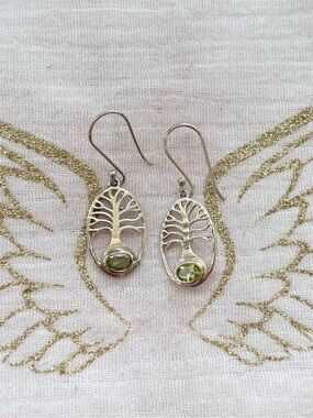 Sterling Silver Tree of Life Peridot Drop Earrings - Green